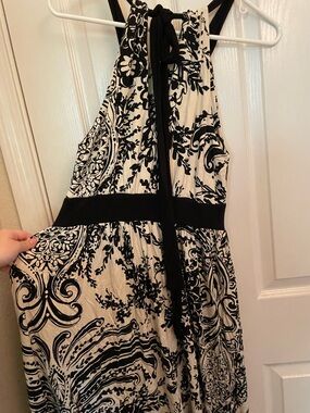 Black & white floral midi halter dress with tie back and pockets